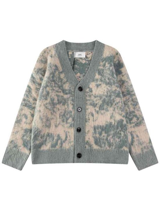 Ami Sweaters - AMI Paris Grey Green Tie-Dye Jacquard V-Neck Knit Cardigan